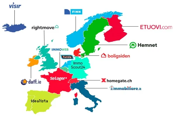 Europæiske lande med logoet for en førende ejendomssite